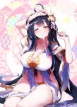  apsara_(elsword) ara_han black_hair blush breasts cleavage collarbone elsword hair_ornament highres kanola_u large_breasts long_hair mouth_hold one_eye_closed orange_panties panties solo underwear yellow_eyes 