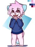  blue_fur bottomless canine clothed clothing cynxie cynxie_(artist) fox fur hoodie mammal model_sheet open_mouth pink_eyes pink_fur simple_background 