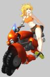  ahoge ankle_socks bike_shorts blonde_hair blush breasts commentary_request don_(rg06268) grey_background ground_vehicle highres long_hair looking_at_viewer medium_breasts midriff motor_vehicle motorcycle navel open_mouth orange_sports_bra ponytail prosthesis prosthetic_arm purple_eyes rwby shiny shiny_hair shiny_skin shoes simple_background smile solo sports_bra wavy_hair yang_xiao_long 