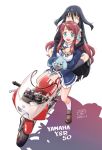  2girls ahoge bandage black_dress black_hair blue_eyes bow dated dog dress drooling fangs god ground_vehicle hair_between_eyes hair_bow hair_ornament highres long_hair looking_at_viewer minamoto_sakura motor_vehicle motorcycle multiple_girls open_mouth polka_dot polka_dot_bow red_eyes red_hair romero_(zombie_land_saga) saitou_sakae school_uniform smile squid teeth_hold tongue tongue_out very_long_hair yamada_tae yamaha_ysr_50 zombie_land_saga 