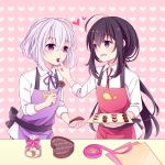  :d ahoge apron black_hair box chocolate cooking feeding fork gift_bag heart heart-shaped_box heart_background honebami_toushirou hyou_(pixiv3677917) male_focus multiple_boys namazuo_toushirou open_mouth ponytail purple_eyes ribbon smile touken_ranbu valentine white_hair 