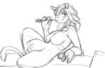  2018 anthro beverage big_breasts blush bovine breasts cattle changeling_tale eating female hair hay horn lactating long_hair lying mammal marion_(changeling_tale) milk monochrome nude simple_background smile solo teats udders watsup white_background 