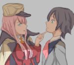  1girl black_hair blue_eyes coat commentary_request couple darling_in_the_franxx finger_to_chin green_eyes hat highres hiro_(darling_in_the_franxx) kikuchi-darunyan lips long_hair looking_at_another military military_uniform necktie orange_neckwear peaked_cap pink_hair red_neckwear sweat uniform zero_two_(darling_in_the_franxx) 