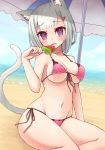  2018 animal_humanoid beach bikini blush breasts cat_humanoid clothed clothing cloud feline female food fur grey_fur grey_hair hair humanoid looking_at_viewer mammal miyamae_porin navel open_mouth outside popsicle purple_eyes seaside sitting sky solo swimsuit umbrella water 