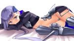  armored_boots bed_sheet blue_ribbon boots breasts commentary crotch_plate eyebrows_visible_through_hair fate/grand_order fate_(series) hair_ribbon highres juliet_sleeves long_hair long_sleeves looking_at_viewer lying meltlilith navel on_side pspmaru puffy_sleeves purple_eyes purple_hair ribbon simple_background small_breasts solo spikes white_background 
