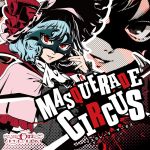  1girl album_cover alternate_costume ascot black_sleeves blue_hair bow capelet cover dress fingernails frilled_shirt frills girdle hat long_fingernails long_sleeves looking_at_viewer mask mob_cap pink_dress red_bow red_eyes red_ribbon remilia_scarlet ribbon shirt solo splatter touhou zoom_layer 