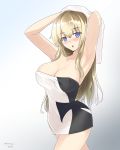  blonde_hair blue_eyes breasts carmine_(ucdio) cleavage commentary_request cowboy_shot drying drying_hair gradient gradient_background graf_zeppelin_(kantai_collection) highres kantai_collection large_breasts long_hair open_mouth sidelocks simple_background solo towel 