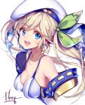  :d bangs bare_shoulders beret blonde_hair blue_eyes blush breasts cleavage collarbone commentary covered_nipples cucouroux_(granblue_fantasy) eyebrows_visible_through_hair granblue_fantasy hair_between_eyes hair_ribbon hat hong_(white_spider) large_breasts long_hair looking_at_viewer open_mouth ribbon signature simple_background smile solo twintails white_background 