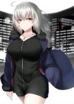  ahoge black_dress blue_jacket breasts coat commentary_request dress eyebrows_visible_through_hair fate/grand_order fate_(series) full-length_zipper fur-trimmed_coat fur-trimmed_jacket fur-trimmed_sleeves fur_collar fur_trim highres jacket jeanne_d'arc_(alter)_(fate) jeanne_d'arc_(fate)_(all) jewelry large_breasts looking_at_viewer necklace ninoude_(ninoude44) open_clothes open_coat open_jacket short_dress silver_hair wicked_dragon_witch_ver._shinjuku_1999 yellow_eyes zipper 