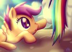  2014 blue_fur cub cute duo equine feathered_wings feathers female feral friendship_is_magic fur horse mammal my_little_pony orange_feathers pegasus pony pshyzo rainbow_dash_(mlp) scootaloo_(mlp) solo_focus wings young 