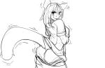  2018 anthro blush breasts butt cat clothing feline female hand_on_breast looking_at_viewer mammal monochrome pants shaking shirt simple_background smile solo transformation trembling watsup white_background 