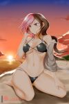  alfred_cullado ass_visible_through_thighs bare_shoulders barefoot beach bikini black_bikini blush breasts brown_eyes brown_hair cloud collarbone commentary evening eyebrows_visible_through_hair heterochromia highres large_breasts long_hair multicolored_hair navel neo_(rwby) ocean off_shoulder open_clothes open_shirt outdoors parted_lips pink_eyes pink_hair rwby sand seiza shiny shiny_hair shiny_skin shirt sitting skindentation sky smile solo sun sunset swimsuit teeth twilight two-tone_hair water white_hair 