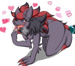 &lt;3 2015 all_fours anthro blue_eyes blush breasts butt claws female fur grey_fur mofumofu nintendo nude open_mouth pok&eacute;mon pok&eacute;mon_(species) pussy_juice red_fur simple_background solo tongue tongue_out video_games white_background zoroark 