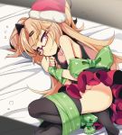  1girl akatsuki_yuni bangs bare_shoulders bed_sheet black_dress black_legwear blonde_hair bound bound_wrists bow collarbone commentary_request dress eyebrows_visible_through_hair fang flying_sweatdrops fur-trimmed_hat glasses green_bow green_ribbon hair_ornament hairclip hat long_hair lying no_panties no_shoes ogami_kazuki on_side own_hands_together parted_lips red-framed_eyewear red_eyes red_hat ribbon ribbon_bondage santa_hat semi-rimless_eyewear sleeveless sleeveless_dress solo star thighhighs two_side_up under-rim_eyewear uni_channel very_long_hair virtual_youtuber wavy_mouth 