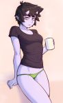  black_hair black_shirt breasts collarbone commentary cup english_commentary eyebrows_visible_through_hair green_panties highres holding holding_cup horns ittla looking_at_viewer medium_breasts no_pants oni_horns original panties parted_lips pointy_ears purple_skin shirt short_hair short_sleeves simple_background solo t-shirt thick_eyebrows ume_(ittla) underwear 