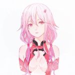  arms_behind_back artist_name bare_shoulders breasts cleavage commentary_request english guilty_crown hair_between_eyes long_hair parted_lips pink_eyes pink_hair solo twintails upper_body white_background yukilus yuzuriha_inori 