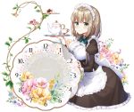  apron blush breasts brown_hair commentary_request cup frills green_eyes holding holding_tray large_breasts long_sleeves looking_at_viewer maid maid_headdress masuishi_kinoto original plate short_hair smile solo teacup teapot tray waist_apron wrist_cuffs 