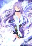  breasts closed_eyes collarbone fire gloves kagutsuchi_(xenoblade) long_hair looking_at_viewer nanase_nao purple_hair simple_background smile solo xenoblade_(series) xenoblade_2 