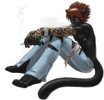  barefoot bracelet cat cigarette clothing eyewear feline gideon glasses hair invalid_tag jewelry lighter looking_at_viewer male mammal pants short_hair simple_background smoke solo white_background 