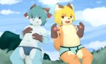  2018 anthro blonde_hair blue_eyes blue_fur blue_hair briefs brown_eyes brown_fur bulge cat clothed clothing cub cynxie_(artist) duo feline fundoshi fur hair hi_res horn japanese_clothing male mammal navel orange_fur pawpads sky slightly_chubby tongue tongue_out topless underwear young 
