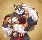  armor bandage black_fur black_nose blue_eyes canine claws clothed clothing dog ear_piercing fur grin husky jewelry looking_at_viewer male mammal muscular necklace piercing rujirublkdragon skimpy smile solo teeth white_fur 