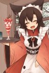  alternate_costume animal_ears apron blush breasts brooch brown_hair closed_eyes commentary_request dress fang food highres imaizumi_kagerou jewelry kaginoni long_hair long_sleeves maid_apron maid_headdress open_mouth parfait solo touhou wa_maid wolf_ears 