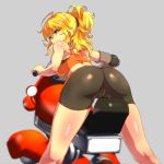  ahoge ass bike_shorts blonde_hair blush body_blush breasts cameltoe commentary_request don_(rg06268) from_behind grey_background ground_vehicle hair_ornament hair_scrunchie highres long_hair looking_at_viewer looking_back medium_breasts motor_vehicle motorcycle on_motorcycle orange_sports_bra ponytail prosthesis prosthetic_arm purple_eyes riding rwby scrunchie shiny shiny_clothes shiny_hair shiny_skin simple_background solo sports_bra wavy_hair yang_xiao_long 