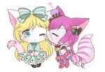  2girls artist_request blonde_hair boots cat cat_busters furry hat kissing long_hair pink_hair 