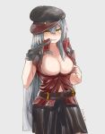  belt biting breasts commentary gangut_(kantai_collection) glove_biting gloves grey_background grey_hair hair_between_eyes hat highres jacket_on_shoulders kantai_collection large_breasts long_hair long_sleeves looking_at_viewer military military_hat military_jacket military_uniform miniskirt no_bra okbnkn peaked_cap simple_background skirt solo uniform yellow_eyes 