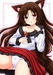  animal_ears blush breasts brooch brown_hair cleavage dress fang hand_on_own_chest imaizumi_kagerou jewelry large_breasts long_hair long_sleeves nagana_sayui open_mouth panties red_eyes solo tail touhou underwear white_panties wide_sleeves wolf_ears wolf_tail 