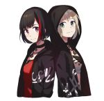  aoba_moka back-to-back bang_dream! bangs black_choker black_hair black_jacket bob_cut choker crop_top cross-laced_clothes earrings green_eyes grey_hair hood hood_down hood_up hooded_jacket hoop_earrings jacket jewelry long_sleeves looking_at_viewer mitake_ran multicolored_hair multiple_girls necklace red_eyes red_hair red_shirt shirt short_hair simple_background smile streaked_hair unapoppo upper_body white_background 