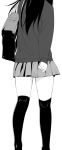  adjusting_skirt akino_sora bag feet_out_of_frame from_behind greyscale head_out_of_frame highres kneehighs kneepits long_hair long_sleeves monochrome school_bag school_uniform shoulder_bag simple_background sleeves_past_wrists solo standing white_background 