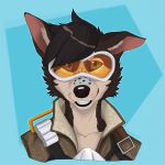  black_lips black_nose canine dog droopy_ears eyewear fangs female goggles grin kikonine looking_at_viewer mammal overwatch short smile solo teeth video_games 