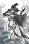  breasts hat highres large_breasts long_hair monochrome navel original solo suke_akurou witch witch_hat 