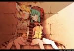  animal_ears bare_legs blonde_hair blue_hair blush bow bowtie cat_ears cat_tail closed_eyes commentary elbow_gloves enk_0822 eyebrows_visible_through_hair frilled_skirt frills gloves head_tilt head_to_head highres holding_hands hood hoodie kemono_friends multicolored_hair multiple_girls neck_ribbon ribbon sand_cat_(kemono_friends) short_hair sitting skirt sleeping sleeping_upright snake_tail tail tsuchinoko_(kemono_friends) vest yuri 