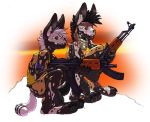  2017 african_wild_dog ak_47 bandanna canine cigarette clothing duo gideon gun invalid_tag jewelry male mammal mohawk necklace penis ranged_weapon simple_background skull sunset weapon young 