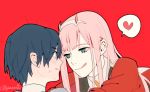  1girl bangs black_hair blue_eyes blush commentary_request couple darling_in_the_franxx eyebrows_visible_through_hair eyes_visible_through_hair face-to-face facing_another green_eyes hair_ornament hairband hetero hiro_(darling_in_the_franxx) horns lipstick long_hair long_sleeves looking_at_another makeup military military_uniform necktie oni_horns orange_neckwear pink_hair red_background red_horns signature sweat tongue tongue_out uniform user_eagz2542 white_hairband zero_two_(darling_in_the_franxx) 
