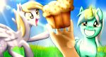  2014 cute derpy_hooves_(mlp) duo_focus equine feathered_wings feathers female feral food friendship_is_magic grey_feathers group horn human lyra_heartstrings_(mlp) mammal my_little_pony pegasus pshyzo unicorn wings 