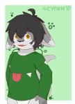  black_hair brown_eyes cabbit cat clothing cynxie_(artist) feline fur grey_fur hair hybrid lagomorph male mammal rabbit shirt simple_background solo 