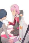  1boy 1girl black_hair black_legwear coat couple darling_in_the_franxx gloves green_eyes hair_ornament hairband hand_on_another&#039;s_chin hiro_(darling_in_the_franxx) horns lipstick long_hair looking_at_another military military_uniform necktie oni_horns orange_neckwear pantyhose perorin pink_hair red_horns seiza short_hair sitting socks sweat uniform white_gloves white_hairband zero_two_(darling_in_the_franxx) 