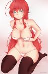  ahoge ass_visible_through_thighs black_legwear blue_eyes bluefield bra breasts cameltoe cleavage commentary_request covered_nipples gradient gradient_background hair_between_eyes high_school_dxd high_school_dxd_hero highres large_breasts long_hair navel panties red_hair rias_gremory self_fondle sidelocks simple_background sitting smile solo string_panties sweat thighhighs underwear underwear_only white_bra white_panties 