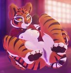  2018 absurd_res anthro anus breasts dimwitdog feline female hi_res kung_fu_panda mammal master_tigress nipples presenting pussy pussy_juice smile solo stripes tiger 