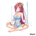  ;) bare_shoulders barefoot bead_bracelet beads blush bracelet breasts cleavage covered_navel feet full_body hair_ornament hands_on_own_legs indian_style jewelry large_breasts legband long_ponytail official_art one_eye_closed otosume_ruiko sangoku_infinity sitting smile water wet 