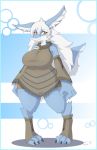  2018 armwear bent_tail big_breasts big_hands blue_fur breasts clothed clothing crossgender detached_sleeves digitigrade dragon feather_brooch female foot_sleeves fully_clothed fur furred_dragon girl_vant hair inner_ear_fluff long_ears male_to_female monster_hands poncho short_stack solo vant_talon white_hair wide_hips yellow_eyes 
