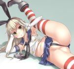  1girl anchor_hair_ornament anus arm_support black_panties blonde_hair bosshi crop_top elbow_gloves gloves grey_background grin hair_ornament hand_on_own_head highres kantai_collection long_hair lying miniskirt on_side panties partially_visible_anus shimakaze_(kantai_collection) simple_background skirt smile solo striped striped_legwear thighhighs thong underwear v white_gloves 