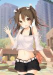  :d absurdres bag bangs bare_shoulders belt belt_buckle black_legwear black_shorts blue_sky blurry blurry_background blush breasts brown_eyes brown_hair buckle building casual commentary_request cowboy_shot crop_top day eyebrows_visible_through_hair hair_between_eyes hair_ribbon hand_up highres kantai_collection long_hair looking_at_viewer midriff navel off-shoulder_shirt open_mouth outdoors ribbon shirt short_sleeves shorts shoulder_bag sky small_breasts smile solo standing thighhighs tree twintails uzuki_tsukuyo waving white_ribbon zuikaku_(kantai_collection) 