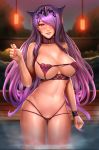  ass_visible_through_thighs badcompzero bare_arms bare_shoulders bikini breasts cameltoe camilla_(fire_emblem_if) cleavage collarbone commentary cowboy_shot curvy english_commentary fire_emblem fire_emblem_if gold_trim groin hair_over_one_eye hand_up huge_breasts lips long_hair looking_at_viewer multi-strapped_bikini narrow_waist navel patreon_username purple_bikini purple_eyes purple_hair solo steam swimsuit very_long_hair wading water watermark wavy_hair web_address wet wide_hips 