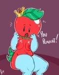  blush breasts crown digital_media_(artwork) english_text female food food_creature fruit hi_res humanoid looking_at_viewer mostly_nude nipples not_furry princess_tomato_in_the_salad_kingdom red_nipples royalty simple_background solo somescrub text thick_thighs tomato video_games 