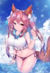  1girl animal_ear_fluff animal_ears bikini bikini_bottom black_bikini_bottom blue_bow blue_sailor_collar blue_sky bow breasts brown_eyes brown_hair closed_mouth cloud collarbone commentary_request crop_top day fate/grand_order fate_(series) fox_ears fox_girl fox_tail groin hair_bow hand_up highres large_breasts long_hair navel outdoors sailor_collar shirt side-tie_bikini sky sleeveless sleeveless_shirt smile solo swimsuit tail tail_raised tamamo_(fate)_(all) tamamo_no_mae_(fate) twintails twiska_(doubitian) very_long_hair wading water white_shirt wrist_cuffs 