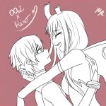  1boy 1girl asymmetrical_horns couple crying darling_in_the_franxx eyes_closed face-to-face hiro_(darling_in_the_franxx) horns hug long_hair looking_at_another monochrome oni_horns pilot_suit short_hair tears yayachandesu zero_two_(darling_in_the_franxx) 